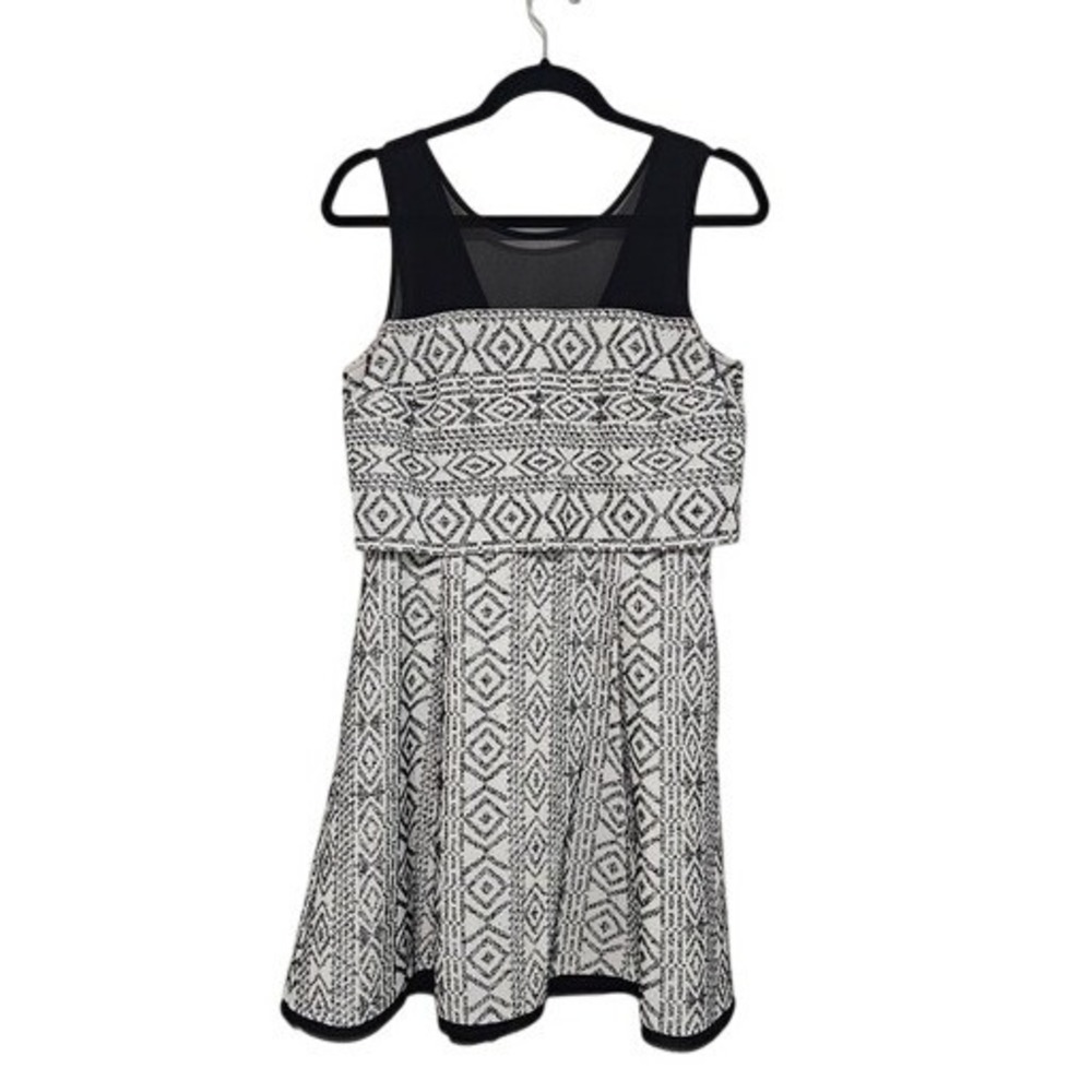 Rachel Rachel‎ Roy Fit Flare Dress 6 Black White Geometric Popover Mesh Office ~